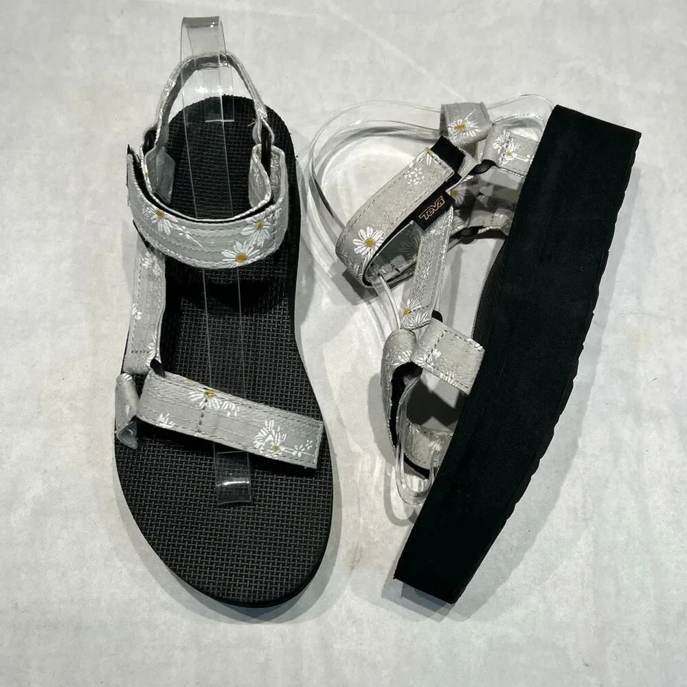 Teva Flatform Sandals Gray Daisy Flowers Floral